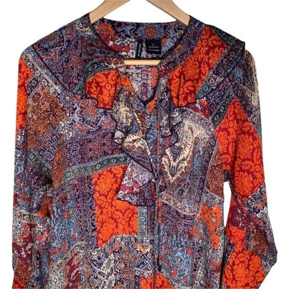New Directions Boho Patchwork Blouse Large V-Neck Bell Sleeve Fall Top - Picture 3 of 10